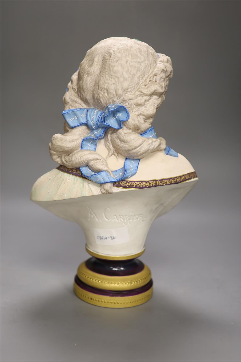 After A. Carrier, a 19th century French bisque porcelain bust of a young lady, 37cm